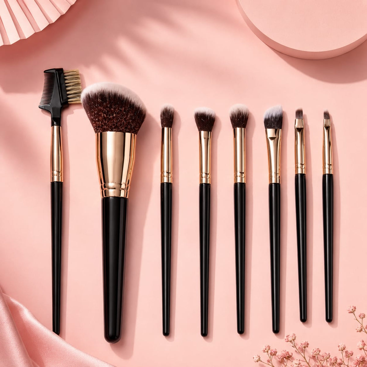 8-piece professional makeup brush kit with black handles
